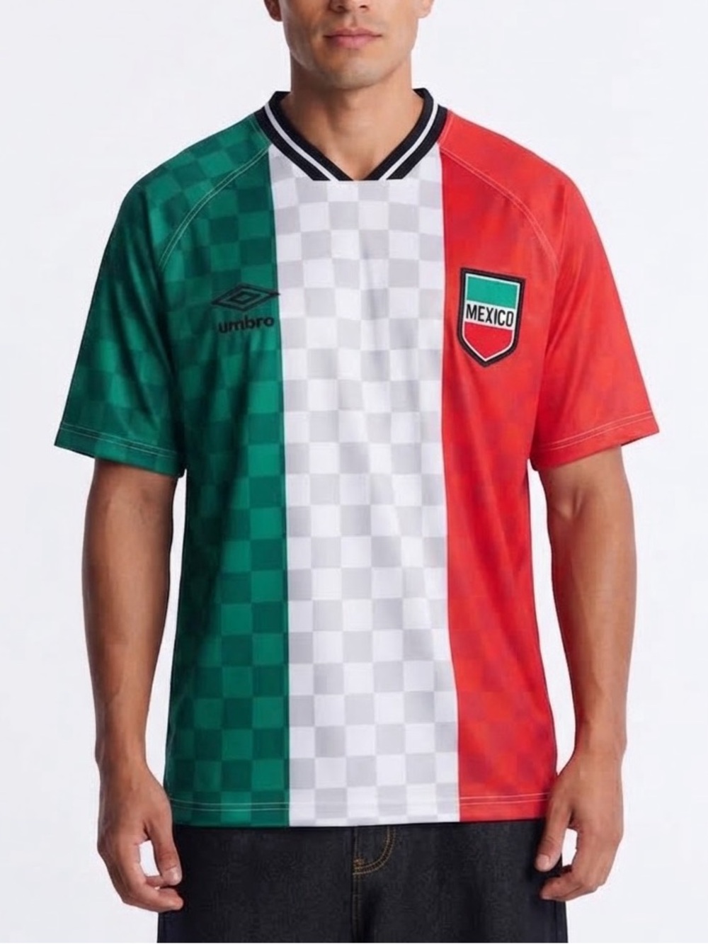 NWT Umbro Mexico Soccer Jersey Men's XL Green White Red Checkered V-Neck Retro